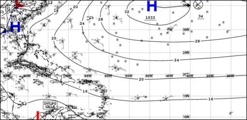 Surface chart depicting high pressure gradient evident by the closeness of the isobars (black lines)