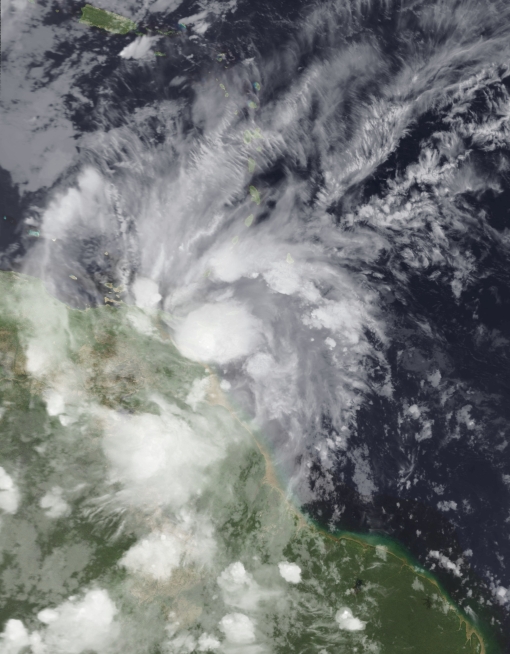 Tropical Storm Bret making landfall on Trinidad during the early morning hours of June 20, 2017.